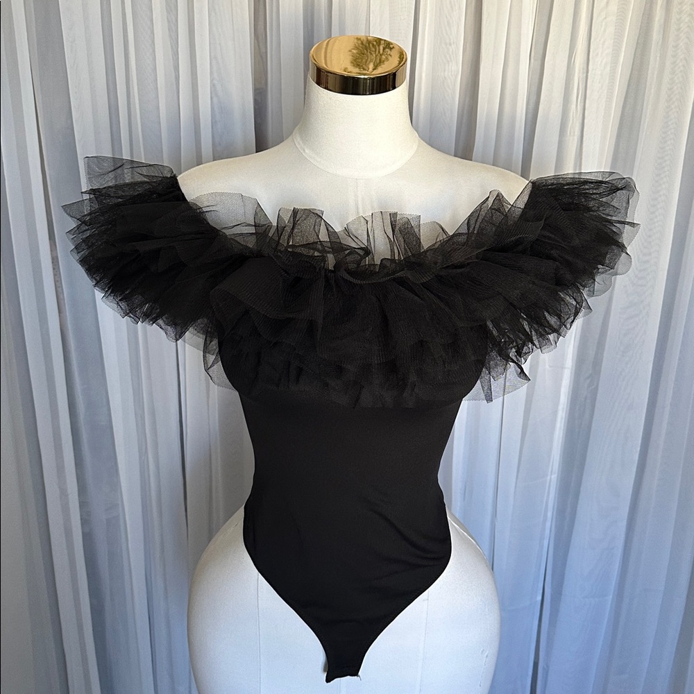 Free People Black Ruffled Off-Shoulder Tulle Bodysuit - Picture 3 of 8